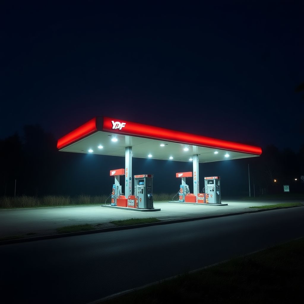 Estación YPF iluminada por la noche